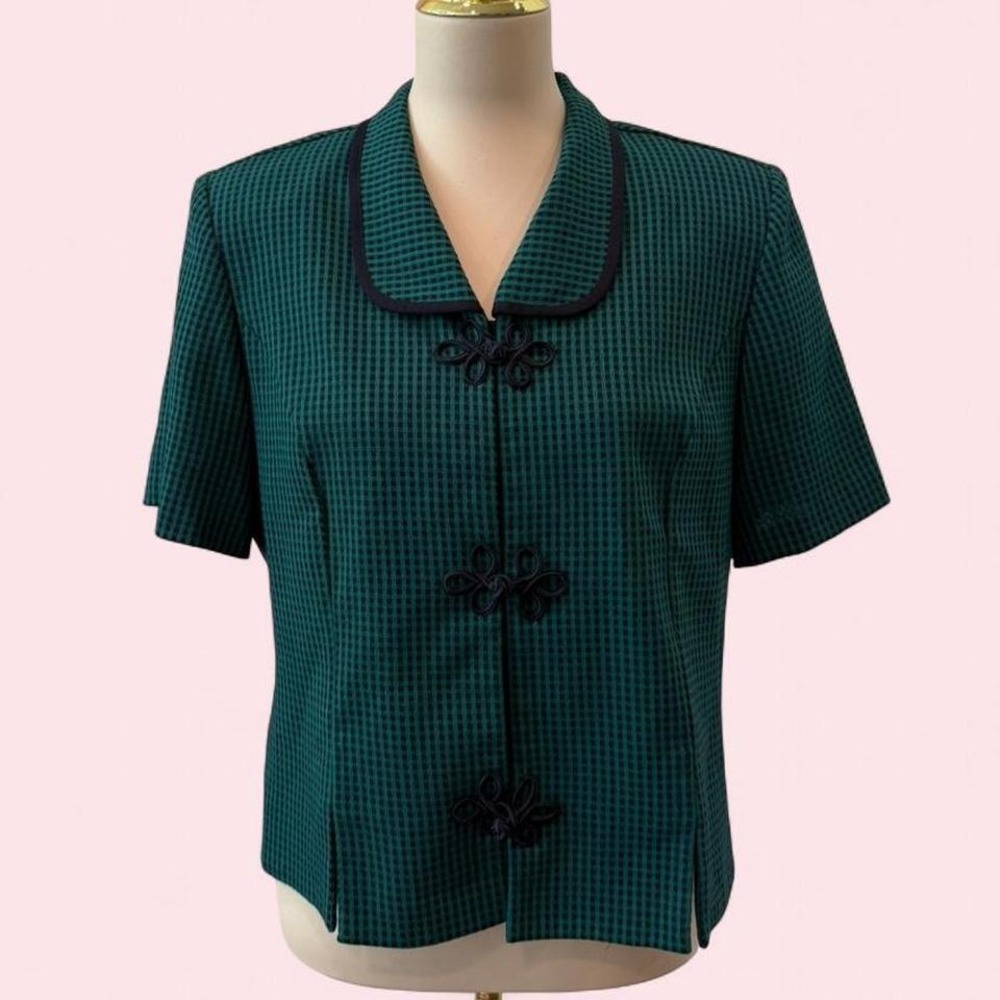 Vintage Miss Dorby Green & Navy Gingham Blouse Frog Button Closure Size 14